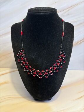 Handcrafted Beaded Red and Black Necklace 18”